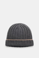 Brunello Cucinelli Cashmere beanie dark grey melange shown from front top perspective, rib knit with decorative turn-up, pure cashmere, soft touch, luxurious and warm.