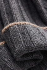 Close-up front view of Brunello Cucinelli Cashmere beanie dark grey melange showing fine rib knit, soft touch, and decorative beige turn-up.