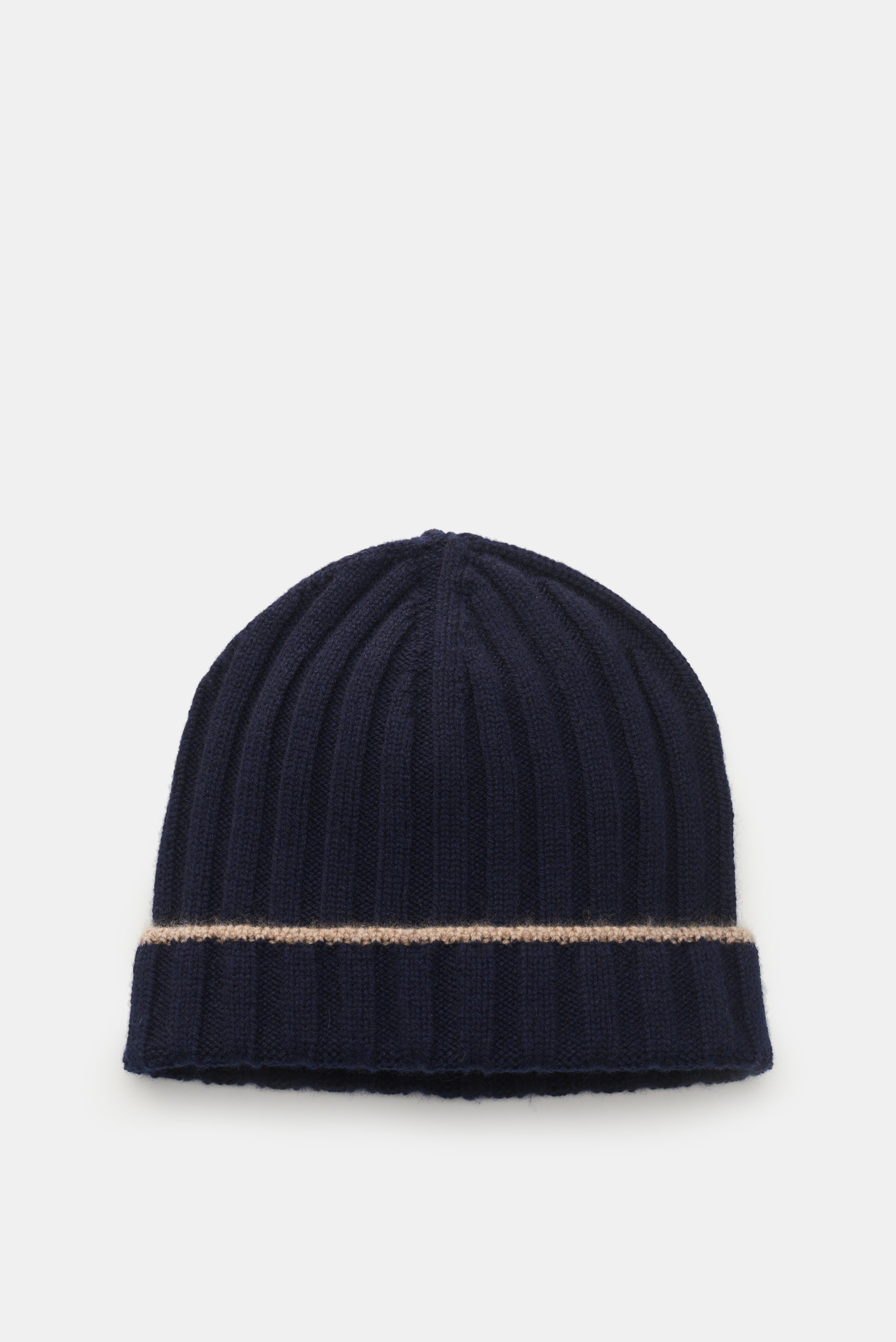 Brunello Cucinelli Cashmere beanie navy shown from above, rib knit with decorative turn-up, pure cashmere, soft touch, casual and warm.