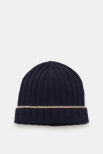 Brunello Cucinelli Cashmere beanie navy shown from above, rib knit with decorative turn-up, pure cashmere, soft touch, casual and warm.