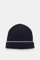 Brunello Cucinelli Cashmere beanie navy shown from above, rib knit with decorative turn-up, pure cashmere, soft touch, casual and warm.