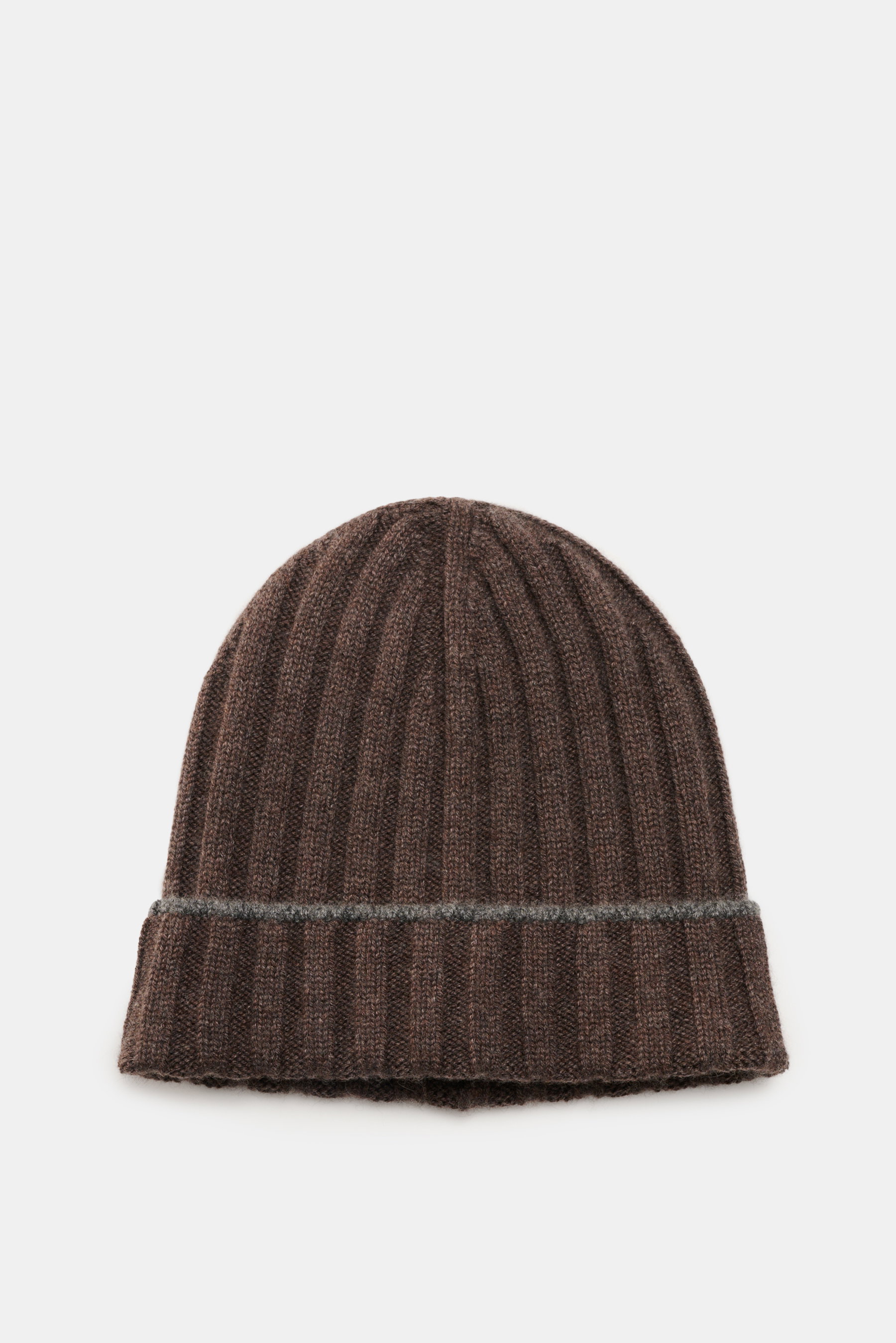 Top-down view of Brunello Cucinelli Cashmere beanie grey brown in rib knit with decorative turn-up, pure cashmere for soft touch and warmth.