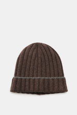 Top-down view of Brunello Cucinelli Cashmere beanie grey brown in rib knit with decorative turn-up, pure cashmere for soft touch and warmth.