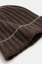 Brunello Cucinelli Cashmere beanie grey brown shown close-up from above, featuring pure cashmere, soft touch, fashionable rib knit, and decorative turn-up.