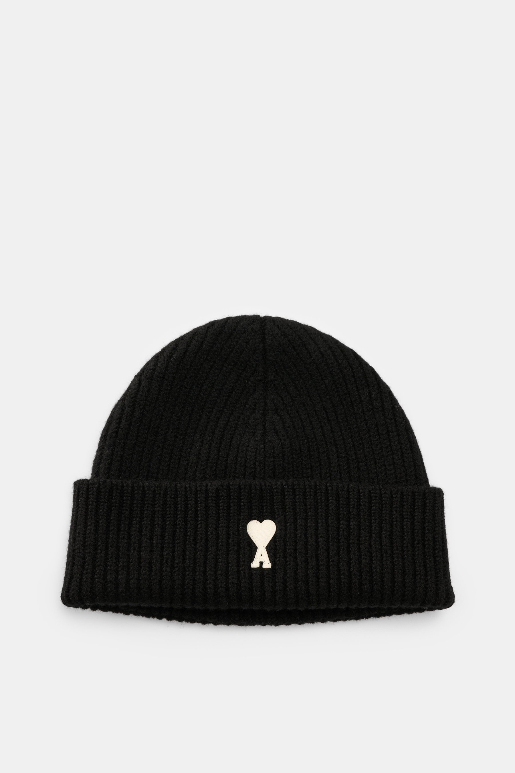 Ami Paris Wool beanie black shown from above, made of pure virgin wool with a slightly grippy texture, classic rib knit pattern, wide cuff, and typical logo patch.