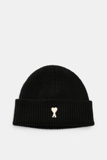 Ami Paris Wool beanie black shown from above, made of pure virgin wool with a slightly grippy texture, classic rib knit pattern, wide cuff, and typical logo patch.