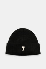Ami Paris Wool beanie black shown from above, made of pure virgin wool with a slightly grippy texture, classic rib knit pattern, wide cuff, and typical logo patch.