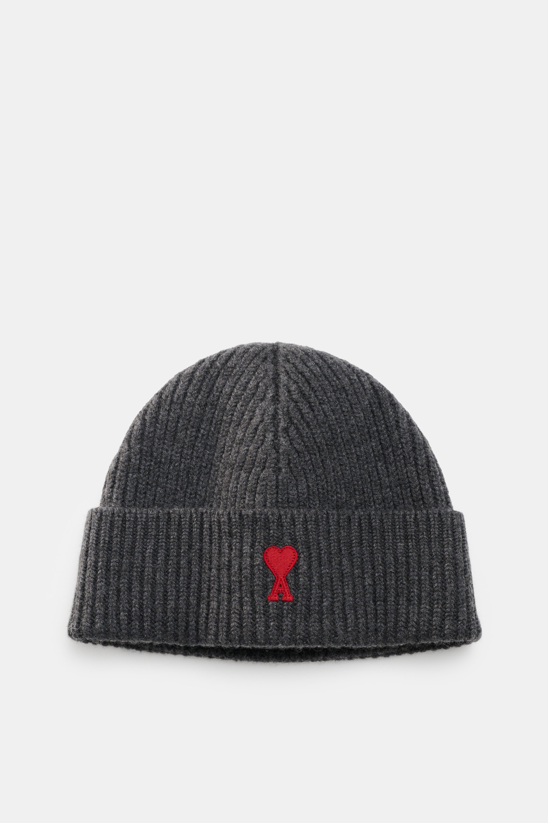 Ami Paris Beanie Dark Grey shown from top front view, heavy rib knit pure virgin wool with wide cuff and red logo patch, classic winter style.