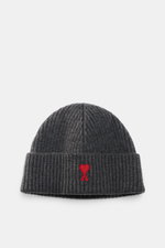 Ami Paris Beanie Dark Grey shown from top front view, heavy rib knit pure virgin wool with wide cuff and red logo patch, classic winter style.