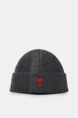 Ami Paris Beanie Dark Grey shown from top front view, heavy rib knit pure virgin wool with wide cuff and red logo patch, classic winter style.