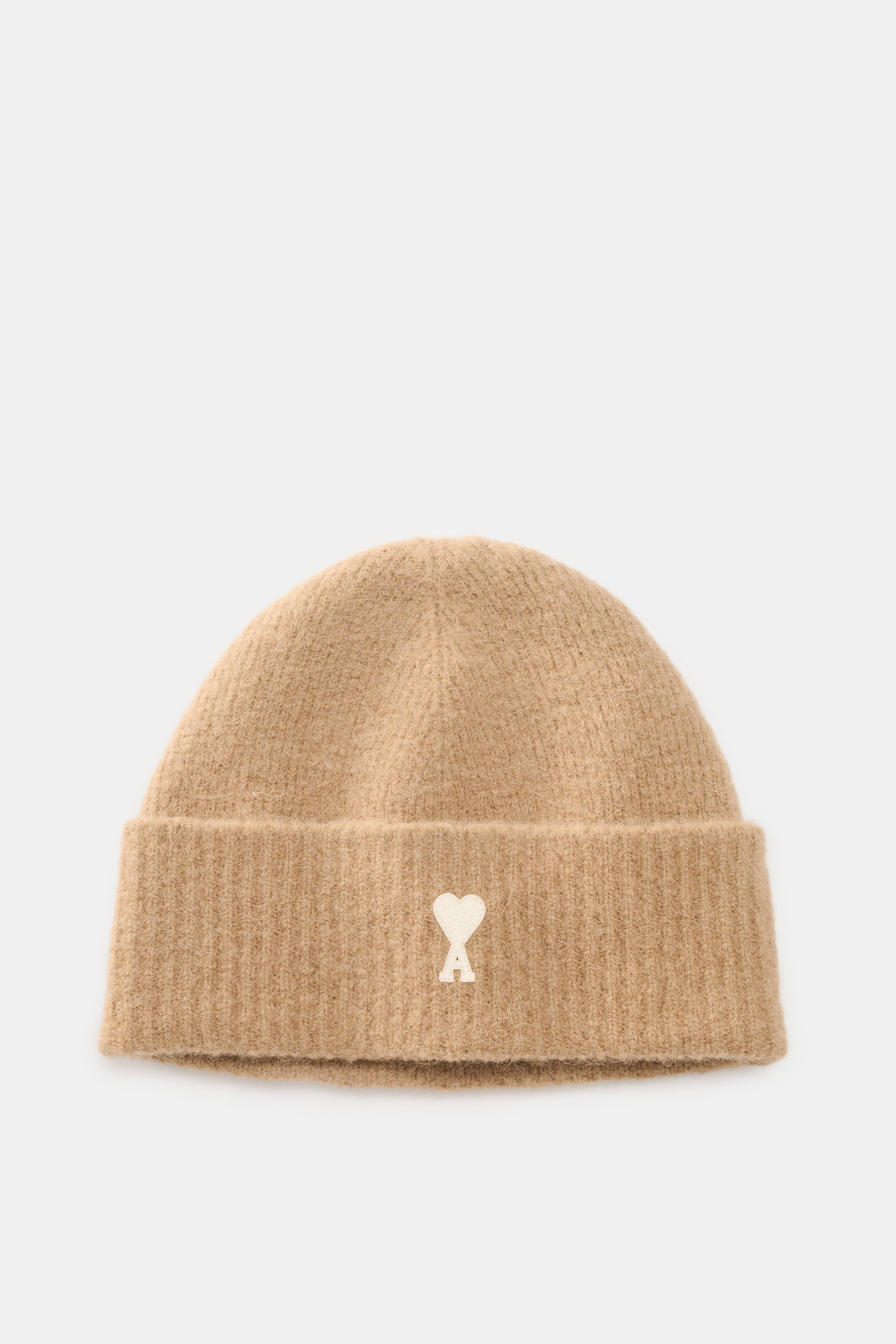 Ami Paris Beanie beige shown from front top view, classic rib knit with wide cuff, typical heart logo patch, made of alpaca, wool, microfiber.