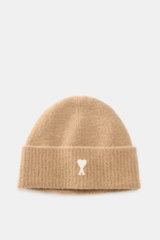 Ami Paris Beanie beige shown from front top view, classic rib knit with wide cuff, typical heart logo patch, made of alpaca, wool, microfiber.
