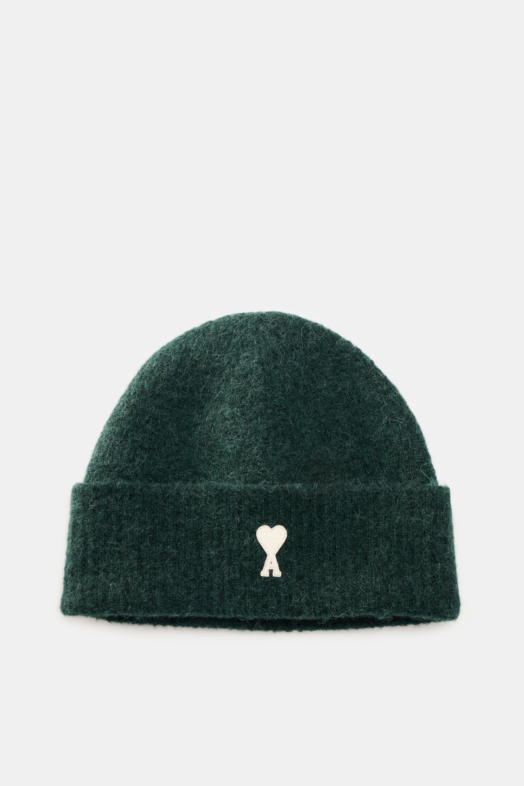 Ami Paris Beanie dark green shown from front top view, featuring a classic rib knit pattern, wide cuff with typical heart logo patch, made of a mix of alpaca, wool, and microfiber, offering elastic quality and soft touch, perfect for autumn and winter war