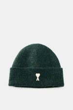 Ami Paris Beanie dark green shown from front top view, featuring a classic rib knit pattern, wide cuff with typical heart logo patch, made of a mix of alpaca, wool, and microfiber, offering elastic quality and soft touch, perfect for autumn and winter war