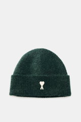 Ami Paris Beanie dark green shown from front top view, featuring a classic rib knit pattern, wide cuff with typical heart logo patch, made of a mix of alpaca, wool, and microfiber, offering elastic quality and soft touch, perfect for autumn and winter war