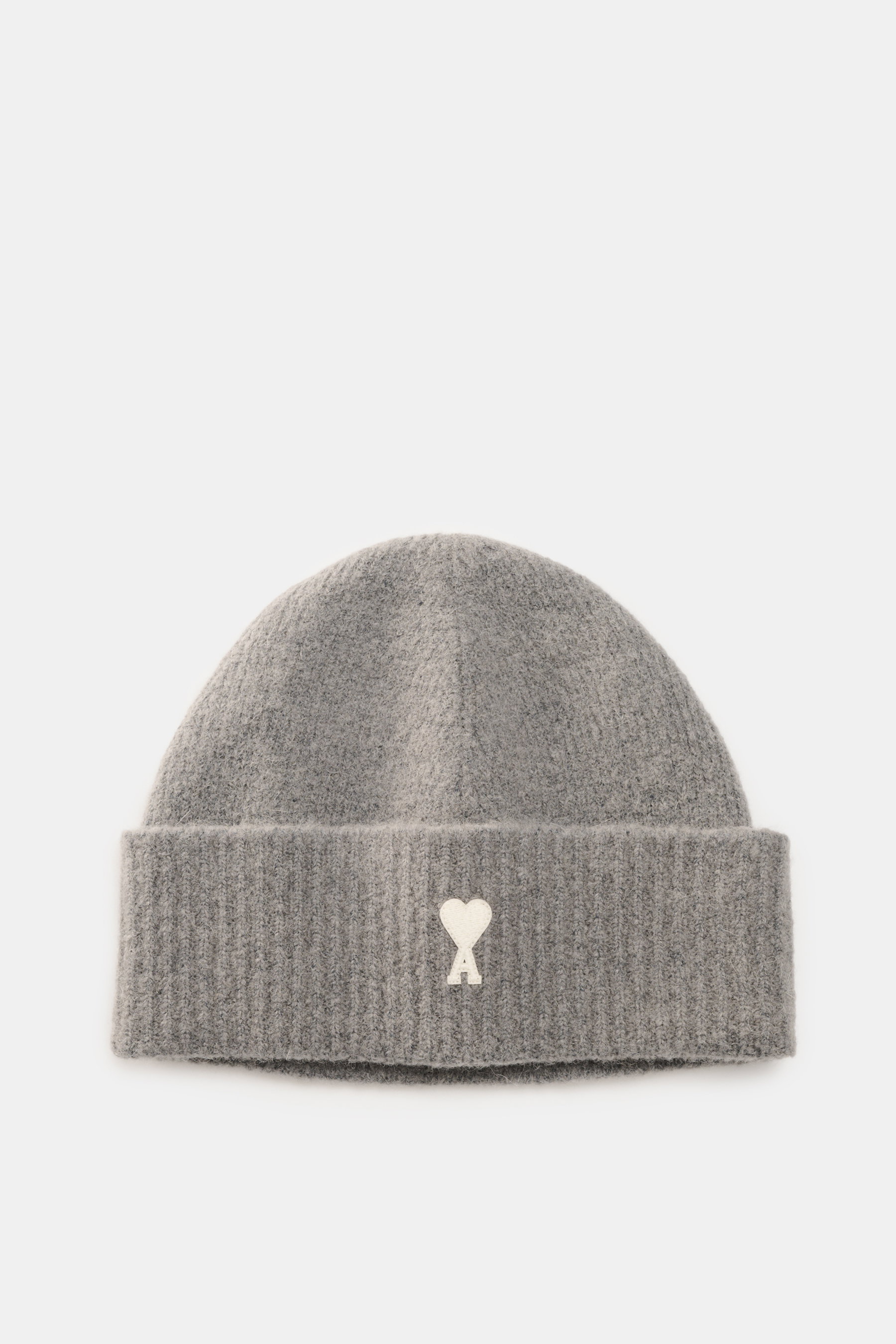 Ami Paris Beanie grey shown from a front perspective, featuring a wide cuff with a typical heart logo patch, soft rib knit in alpaca, wool, and microfiber blend. In autumn and winter, this stylish beanie completes your look and keeps your head warm with e