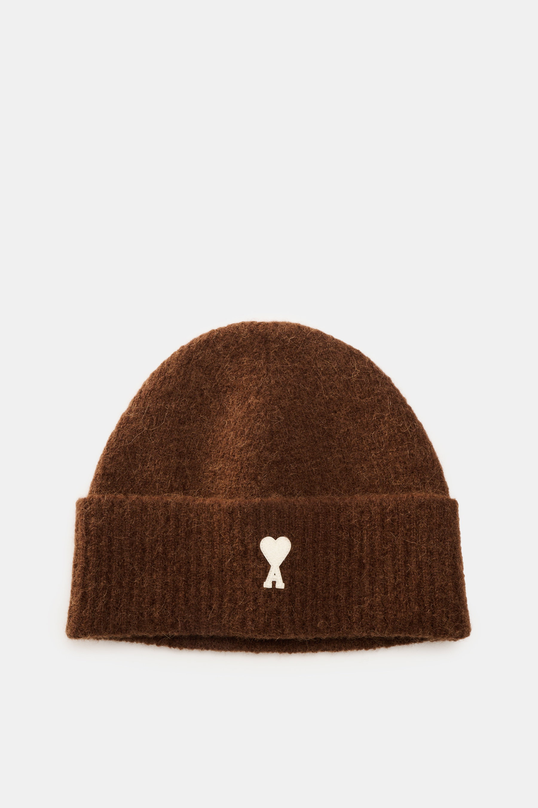 Ami Paris Beanie brown shown from above, classic rib knit pattern with wide cuff, typical heart logo patch, soft mix of alpaca, wool, microfiber.