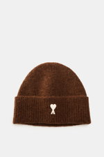 Ami Paris Beanie brown shown from above, classic rib knit pattern with wide cuff, typical heart logo patch, soft mix of alpaca, wool, microfiber.
