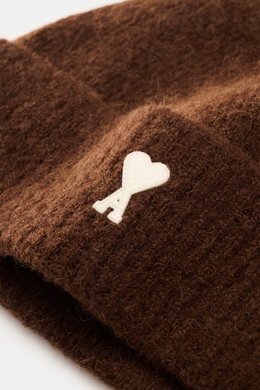 Close-up front-side view of Ami Paris Beanie brown in soft alpaca, wool, microfiber blend with classic rib knit, wide cuff, and white heart logo patch.