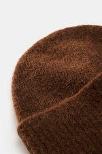 Close-up top view of the Ami Paris Beanie brown showing its soft alpaca, wool, and microfiber blend with classic rib knit and wide cuff.