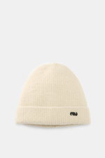 Massimo Osti Studio Beanie sand shown from front, soft mix of wool and microfiber, classic rib knit pattern, cuff with logo detail.