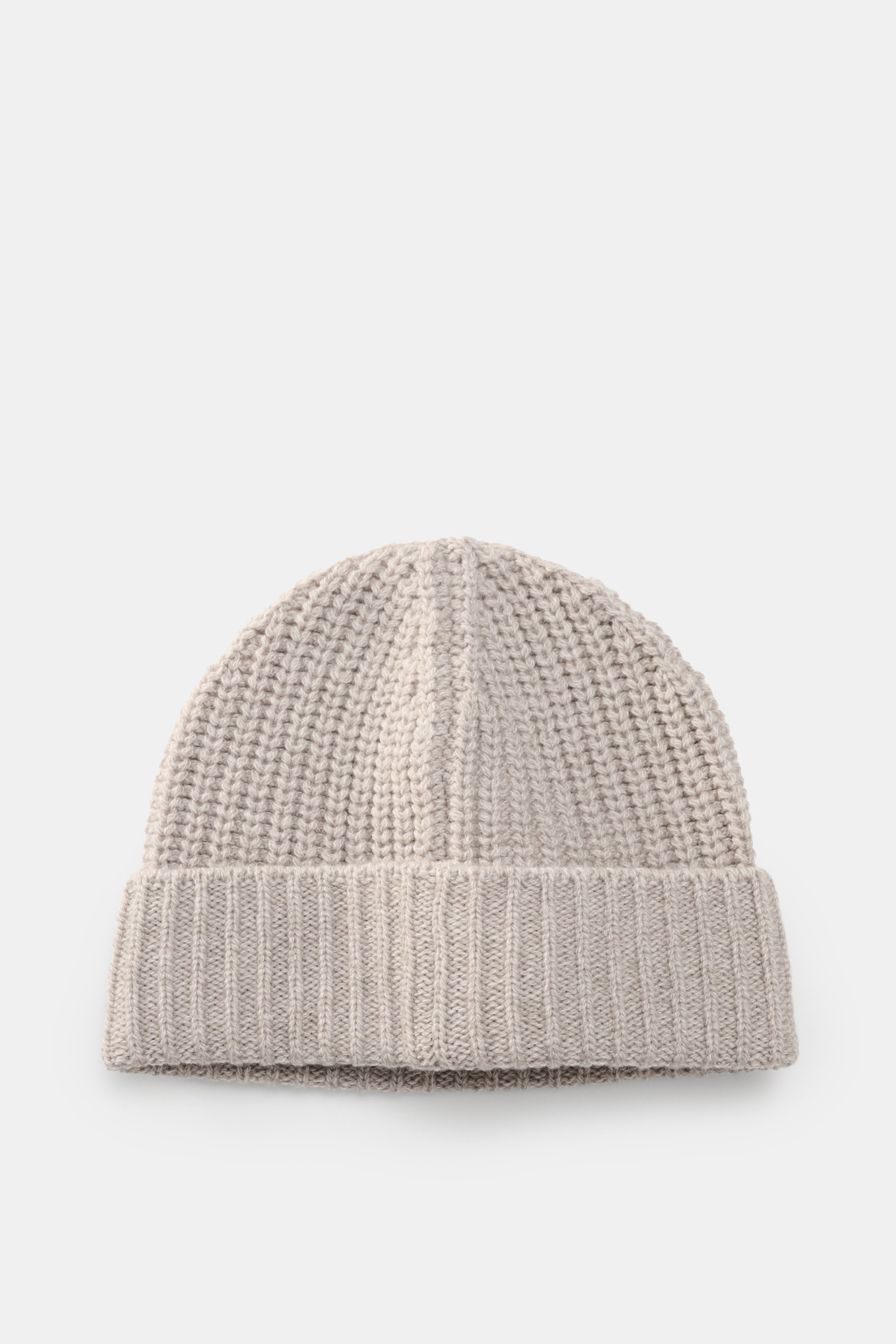Iris von Arnim Cashmere beanie 'Carlos' grey melange shown from above, featuring pure cashmere knit, very soft touch, modern half-brioche knit, and wide turn-up.