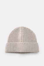 Iris von Arnim Cashmere beanie 'Carlos' grey melange shown from above, featuring pure cashmere knit, very soft touch, modern half-brioche knit, and wide turn-up.