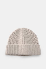 Iris von Arnim Cashmere beanie 'Carlos' grey melange shown from above, featuring pure cashmere knit, very soft touch, modern half-brioche knit, and wide turn-up.