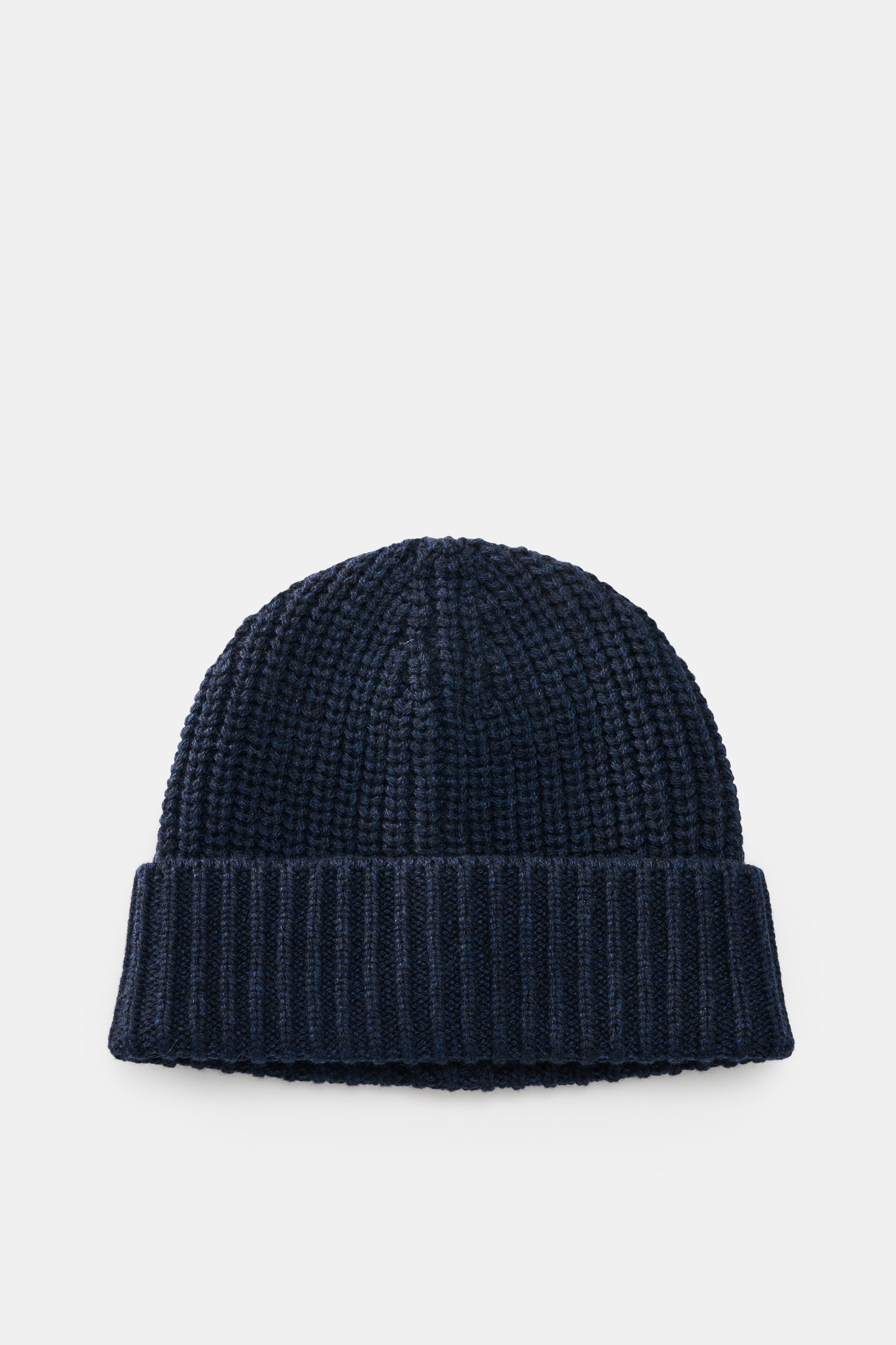 Iris von Arnim Cashmere beanie 'Carlos' navy shown from top front, featuring pure cashmere knit, very soft touch, modern half-brioche knit, wide turn-up.