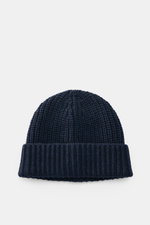Iris von Arnim Cashmere beanie 'Carlos' navy shown from top front, featuring pure cashmere knit, very soft touch, modern half-brioche knit, wide turn-up.