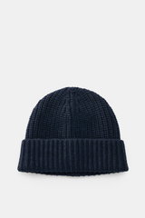 Iris von Arnim Cashmere beanie 'Carlos' navy shown from top front, featuring pure cashmere knit, very soft touch, modern half-brioche knit, wide turn-up.