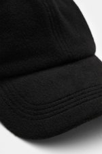 Close-up front angled view of Officine Générale Wool baseball cap 'Jason Cap Double Split' black, made of pure wool with soft touch, classic six-panel design, and adjustable closure.