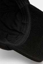 Close-up image from above of the inner part of the Officine Générale Wool baseball cap 'Jason Cap Double Split' black, highlighting pure wool material, soft touch, classic six-panel design, and adjustable closure.