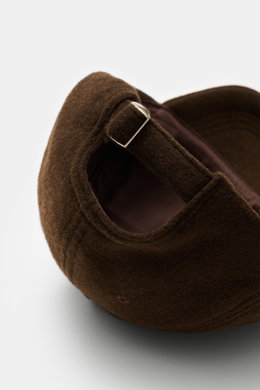 Officine Générale Wool baseball cap 'Jason Cap Double Split' dark brown shown from above rear, featuring pure wool, soft touch, classic six-panel design, adjustable closure.