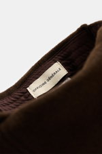 Close-up inside view of the Officine Générale Wool baseball cap 'Jason Cap Double Split' dark brown, showing pure wool, soft touch, classic six-panel design, and adjustable closure.