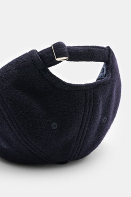 Officine Générale Wool baseball cap 'Jason Cap Double Split' navy shown from the back, highlighting adjustable closure, pure wool, soft touch, classic six-panel design.