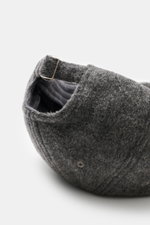Close-up rear side view of Officine Générale Wool baseball cap 'Jason Cap Double Split' grey melange, showing pure wool, soft touch, classic six-panel design, and adjustable closure.