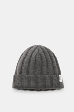 Front view of the FTC Cashmere Beanie dark grey, a luxurious winter accessory made from pure fair-trade cashmere with a soft feel, ribbed knit pattern, medium-fine texture, and a narrow cuff featuring the FTC woven label.
