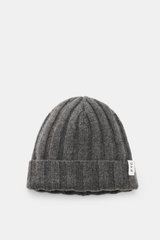 Front view of the FTC Cashmere Beanie dark grey, a luxurious winter accessory made from pure fair-trade cashmere with a soft feel, ribbed knit pattern, medium-fine texture, and a narrow cuff featuring the FTC woven label.