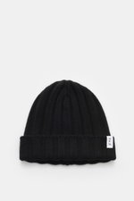Black rib knit FTC Cashmere beanie black shown from above, pure cashmere, soft feel, brioche pattern, medium-fine knit, variable brim with FTC label.