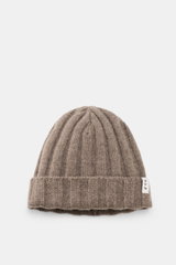 Top-front view of the FTC Cashmere Beanie Taupe, a luxurious winter accessory made of pure cashmere with a ribbed knit pattern, medium-fine texture, narrow cuff, and FTC woven label. Very soft feel.