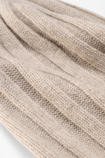 Close-up front-side view of the FTC Cashmere beanie sand showcasing its rib knit brioche pattern, medium-fine knit, and soft cashmere texture. 

<p>Luxurious winter accessory: This rib knit beanie in the finest Fair Trade cashmere is a classic no winter w