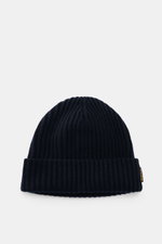 Top-front view of Moorer Cashmere Beanie 'Davis-BC' navy, featuring pure cashmere, very soft feel, rib stitch pattern, and coarse knit structure.