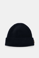 Top-front view of Moorer Cashmere Beanie 'Davis-BC' navy, featuring pure cashmere, very soft feel, rib stitch pattern, and coarse knit structure.
