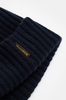 Moorer Cashmere Beanie 'Davis-BC' navy shown from a close-up angled top view, featuring pure cashmere, very soft feel, rib stitch pattern, and coarse knit structure.