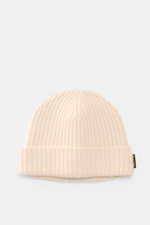 Moorer Cashmere Beanie 'Davis-BC' cream shown from front top view, made of pure cashmere with very soft feel, rib stitch pattern, and coarse knit structure.