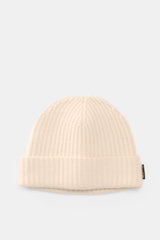 Moorer Cashmere Beanie 'Davis-BC' cream shown from front top view, made of pure cashmere with very soft feel, rib stitch pattern, and coarse knit structure.