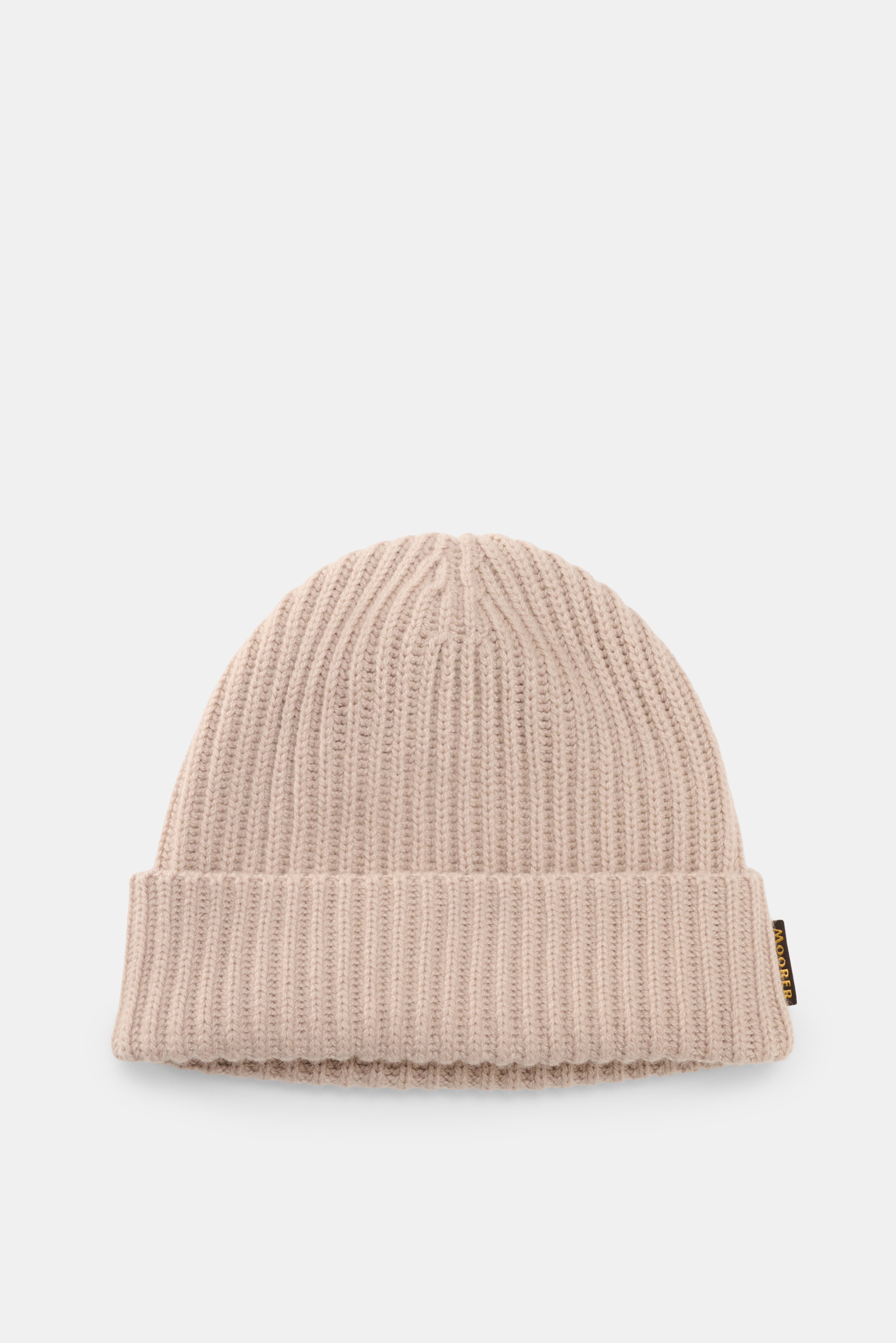 Moorer Cashmere Mütze 'Davis-BC' beige, grobes Strickbild im Patentmuster, reiner Cashmere, sehr weicher Griff, von oben fotografiert.