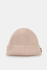 Moorer Cashmere Beanie 'Davis-BC' beige shown from front top perspective, featuring pure cashmere, very soft touch, rib stitch pattern, and coarse knit texture.