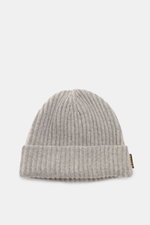 Top-front view of Moorer Cashmere Beanie 'Davis-BC' grey marl showing pure cashmere, very soft touch, rib pattern, and coarse knit texture.